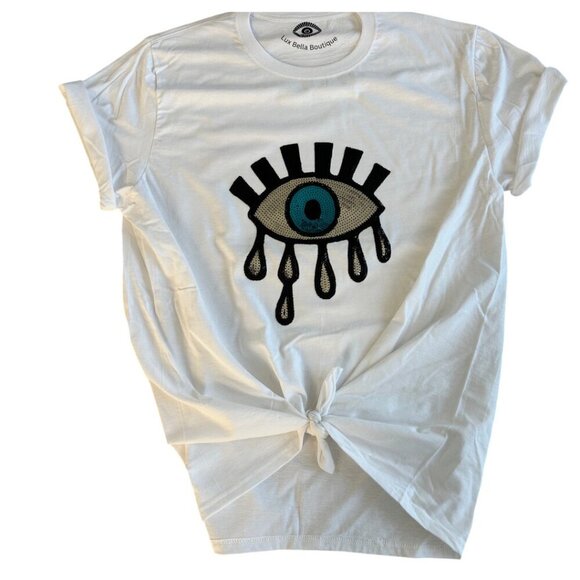 Lux Evil Eye Sequins White T-Shirt Oversized Front Tie Women's S/M L/XL - Picture 2 of 3